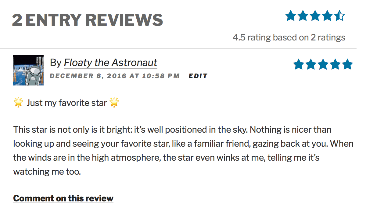 Screenshot showing star ratings & reviews of a Gravity Forms entry powered by GravityView