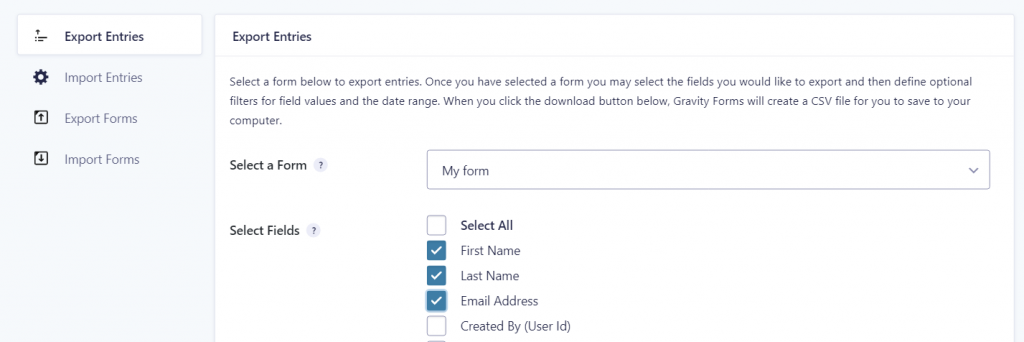 Gravity Forms Export Entries panel