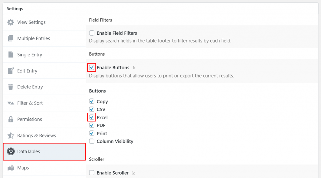 The GravityView DataTables settings with the "Enable Buttons" box checked and the "Excel" checkbox highlighted