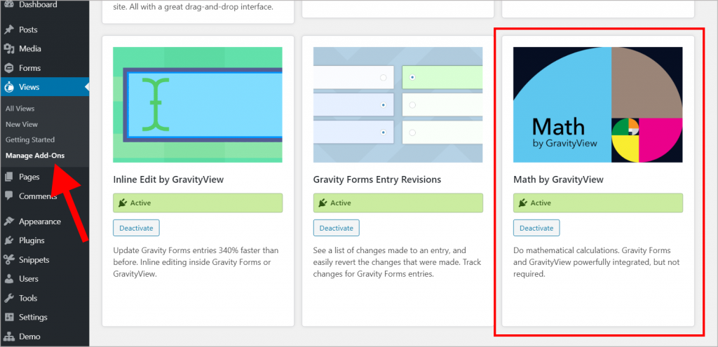 The GravityView manage add-ons screen inside the wordpress admin menu, with the Math by GravityView plugin highlighted
