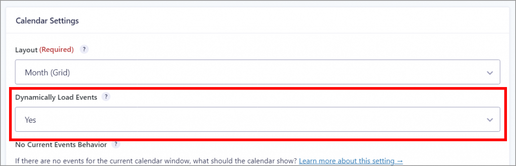 The Gravity Forms Calendar Settings meta box, with the "Dynamically Load Events" dropdown menu highlighted in red.