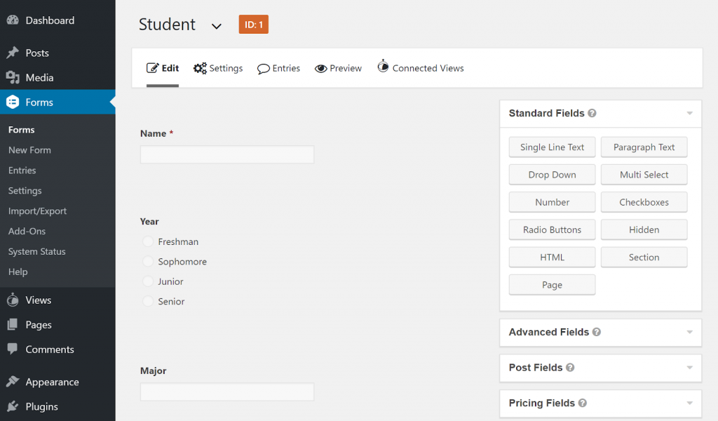 Screenshot of editing the "Student" form in Gravity Forms