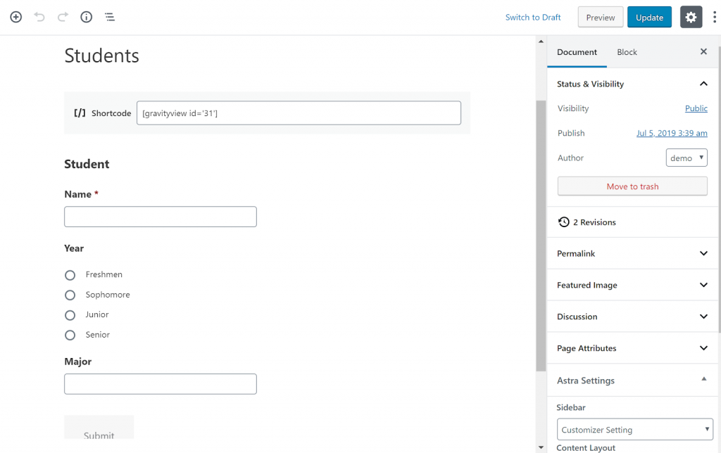 Screenshot of embedding GravityView and Gravity Forms in a WordPress page.