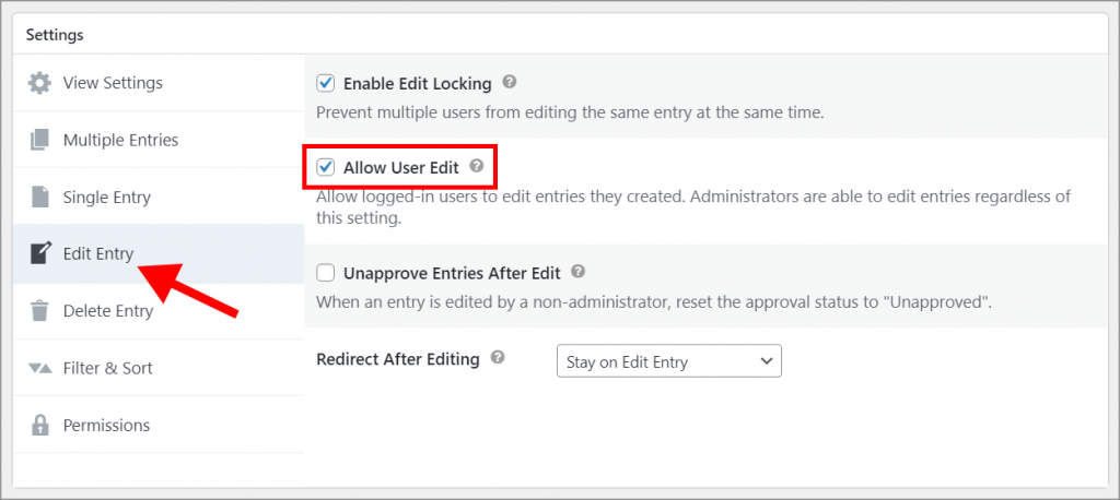 The "Allow User Edit" checkbox in the "Edit Entry" Settings tab 