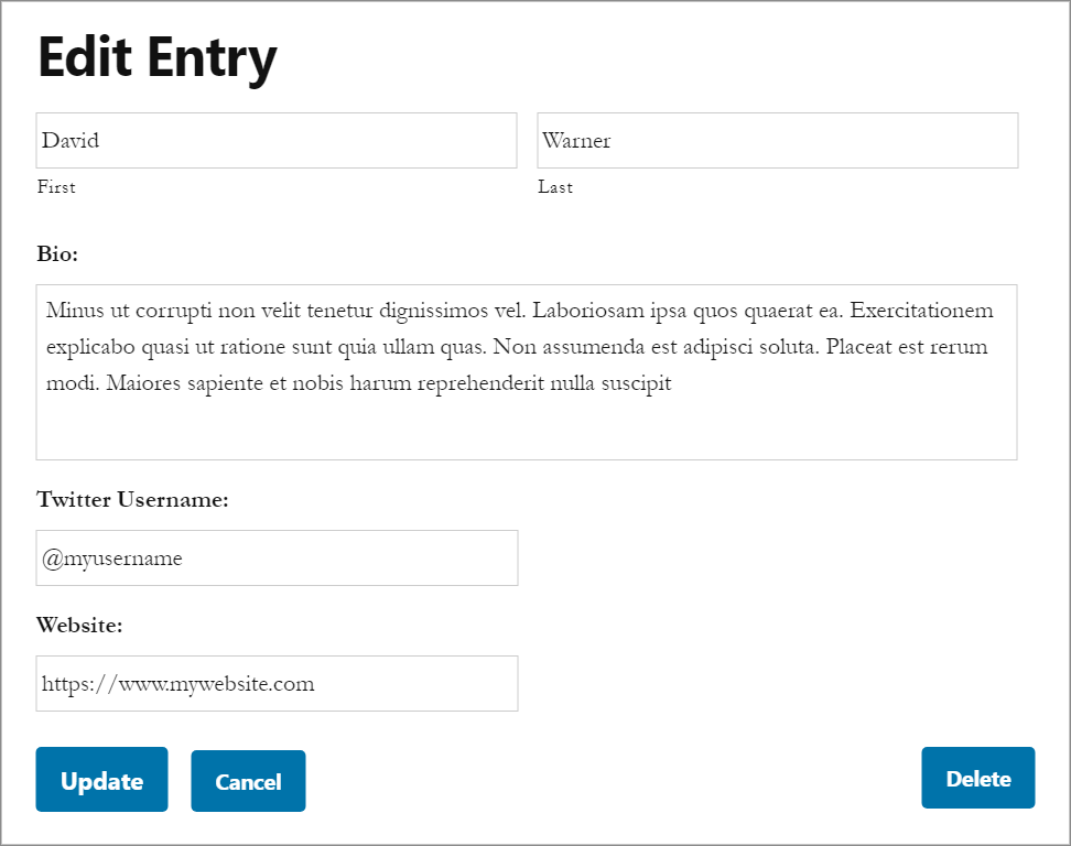 The Edit Entry layout on the front end, allowing users to edit submission fields
