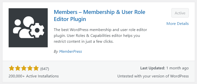 The "Members - Membership & User Role Editor" Plugin preview showing 200,000 active installations and a 5-star rating with 647 reviews