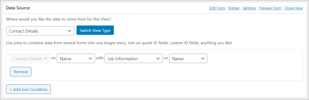 The Data Source meta box showing one form called "Contact Details" joined to another one called "Job Information"