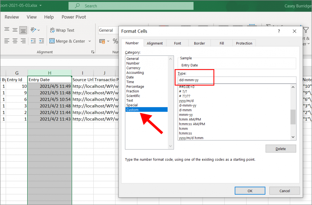 The Format Cells box in Excel with the custom category selected