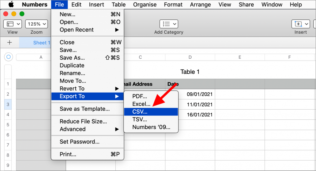 Selecting "File" and then "Export To" and then "CSV" in Apple Numbers