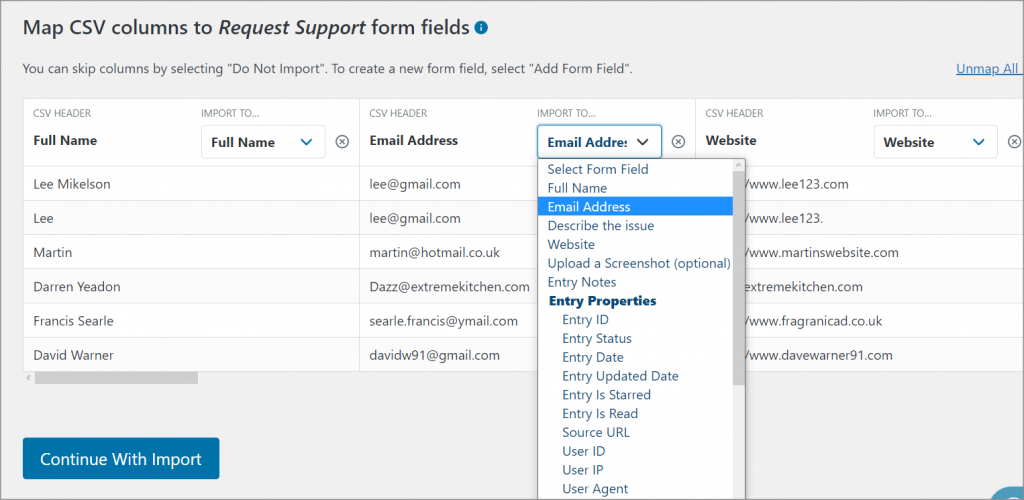 The Import Entries plugin with an open dropdown menu to map fields from a CSV to the correct form field in Gravity Forms