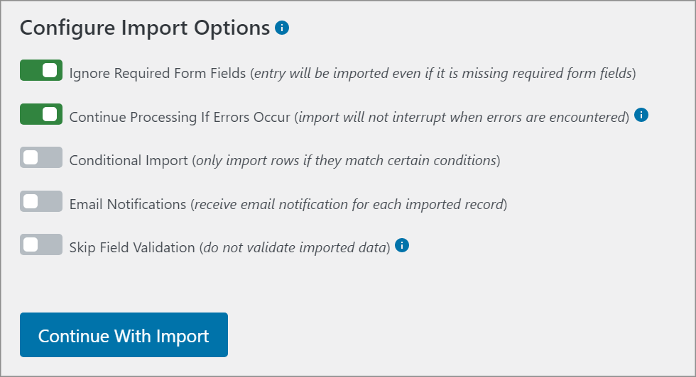 The Configure Import Options screen inside the Import Entries plugin