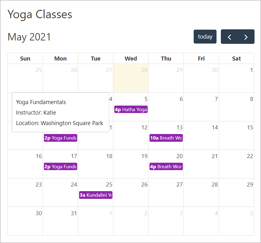 The Gravity Forms calendar displaying yoga class times on the the front end