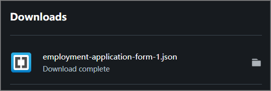 The Downloads list inside the browser showing the form template JSON file
