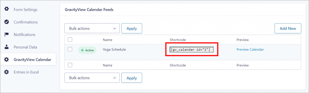 The GravityView Calendar feeds page highlighting the shortcode used to embed calendars in posts or pages
