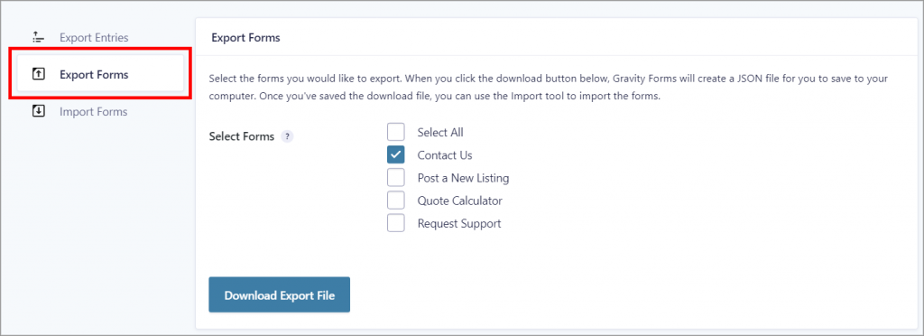 The "Export Forms" tab on the Import/Export page in Gravity Forms