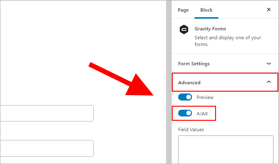 Editing a form in Gravity Forms with an arrow pointing to the AJAX toggle under "Advanced" in the Form Settings.