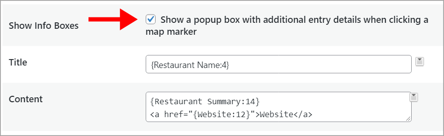An arrow pointing to a checkbox labeled "Show a popup box with additional entry details when clicking a map marker"