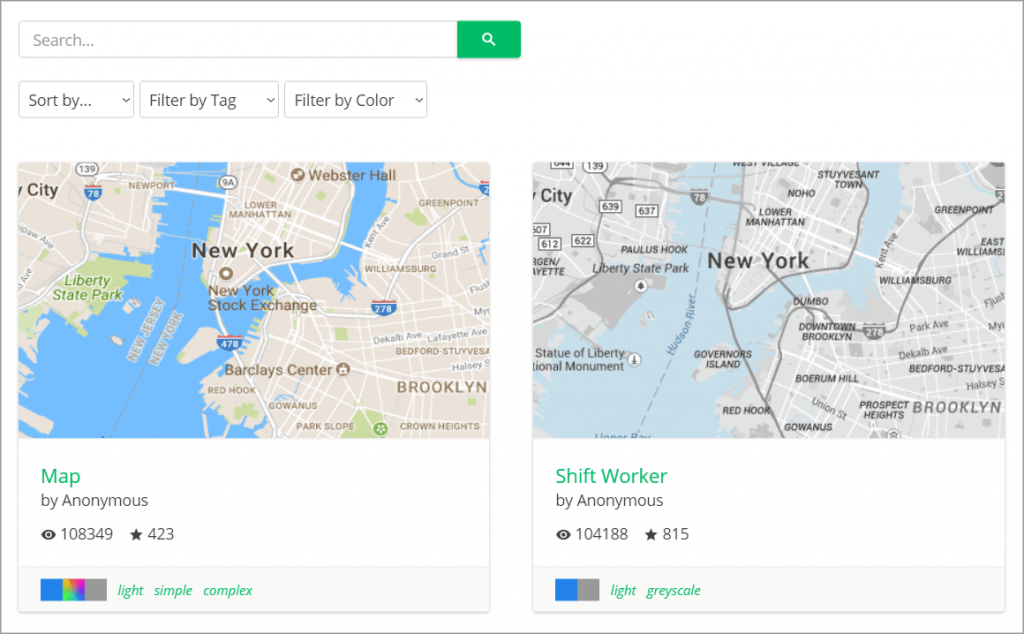 Two different Google Maps themes on the SnazzyMaps website