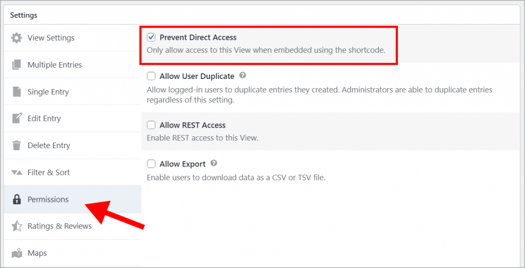 The "Prevent Direct Access checkbox on the "Permissions" tab in the GravityView Settings box