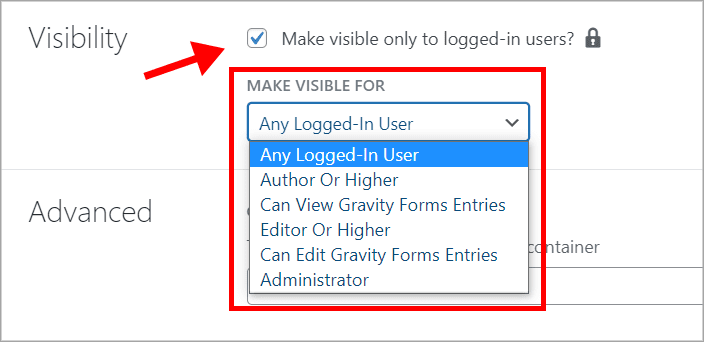 GravityView field visibility settings with an arrow pointing to the "Make visible only to logged-in users" checkbox