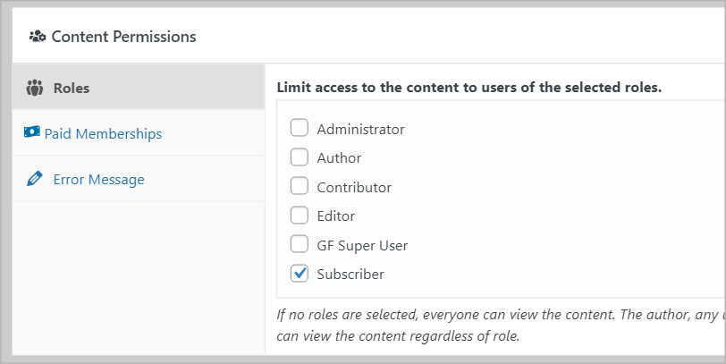 The "Content Permissions" meta box showing checkboxes to limit access to certain user roles