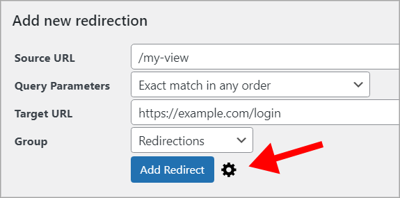An arrow pointing to a gear icon next to the "Add Redirect" button