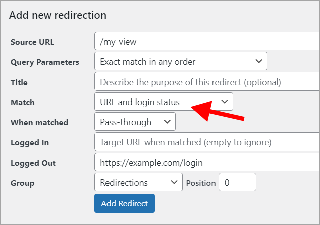 The "Add new redirection" options with an arrow pointing to a dropdown menu set to "URL and login status"