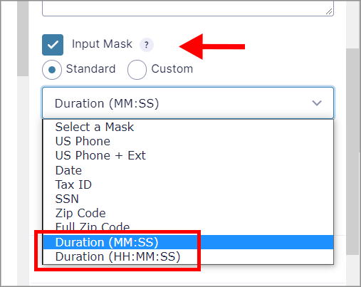 Highlighting the "Duration (MM:SS)" and "Duration (HH:MM:SS)" options in the Input Mask dropdown menu