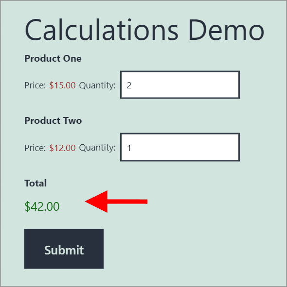 Product pricing form containing two Product fields and one Total field, displaying the total cost