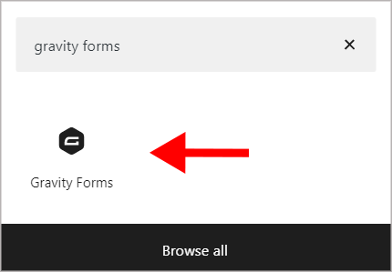 The "Gravity Forms" block in the WordPress block editor