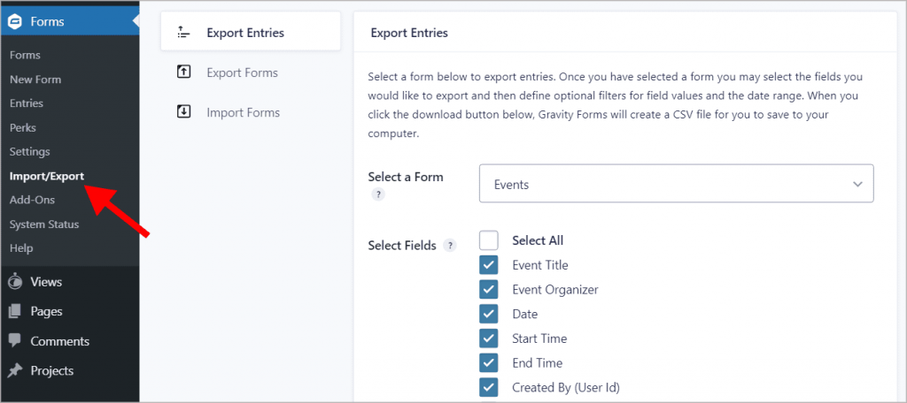 The "Import/Export" page under "Forms" in WordPress