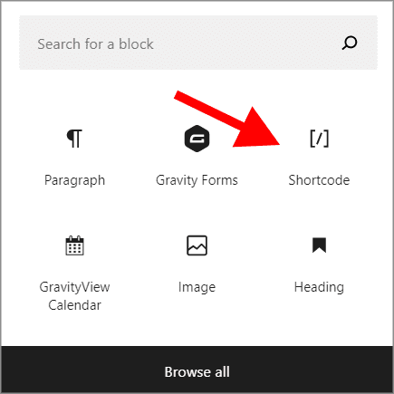 An arrow pointing to the 'Shortcode" block inside the WordPress block editor (Gutenberg) 