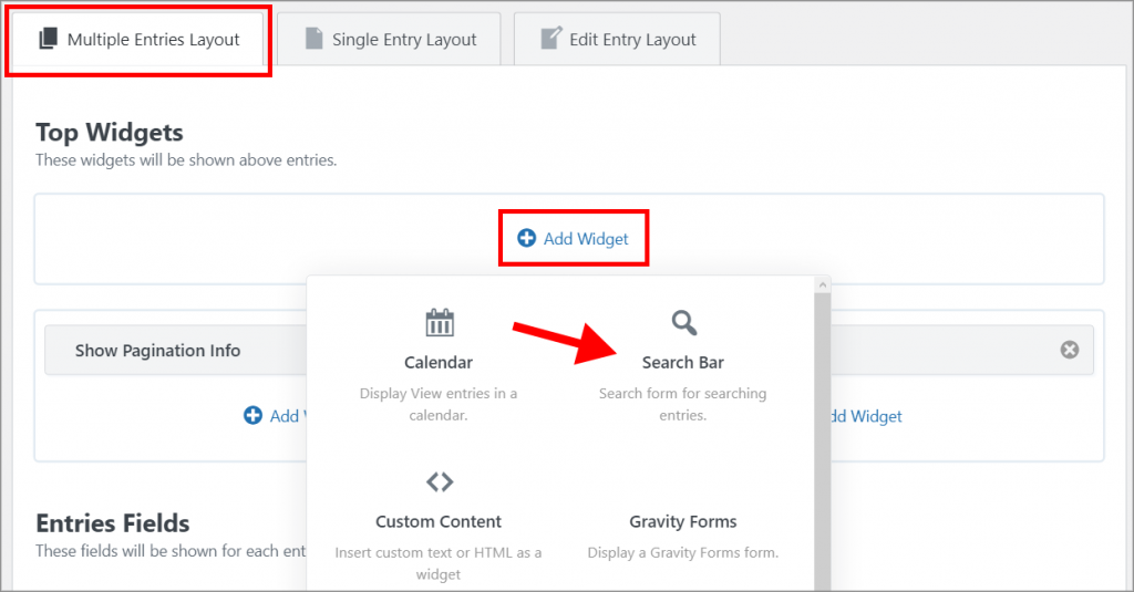 An arrow pointing to the "Search Bar" widget after clicking on the 'Add Widget" button inside Multiple Entries Tab