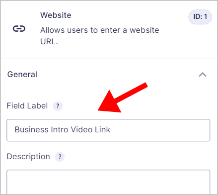 An arrow pointing to the Website Field Label that says "Business Intro Video Link". 