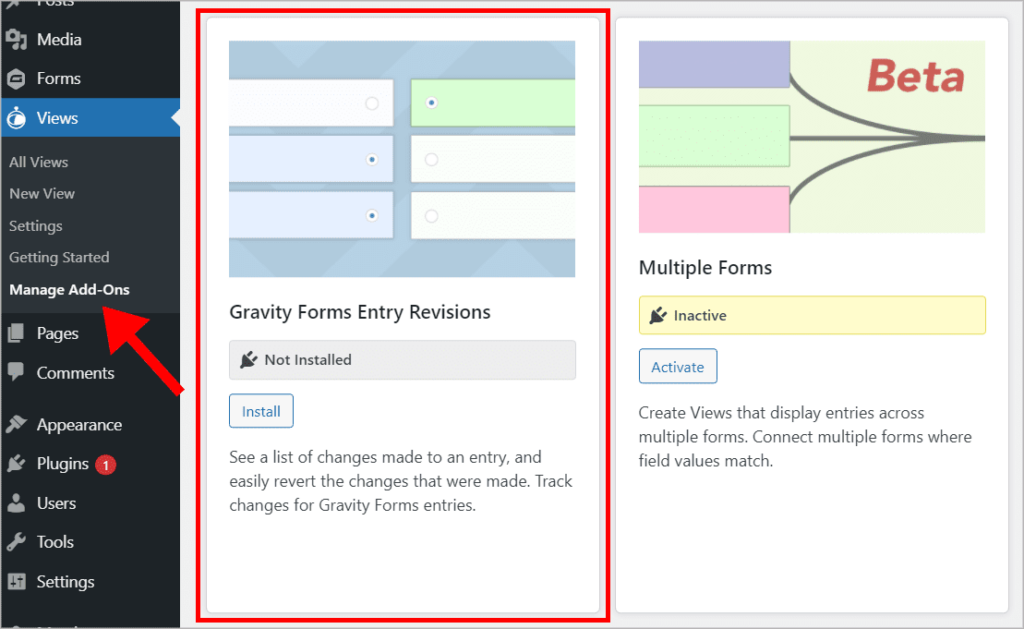 The GravityView "Manage Add-Ons" screen in WordPress