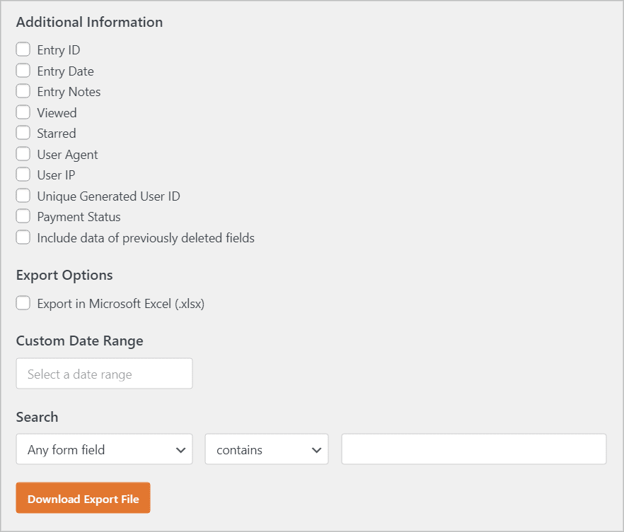 The WPForms Export page in WordPress showing all of the different options for exporting entries