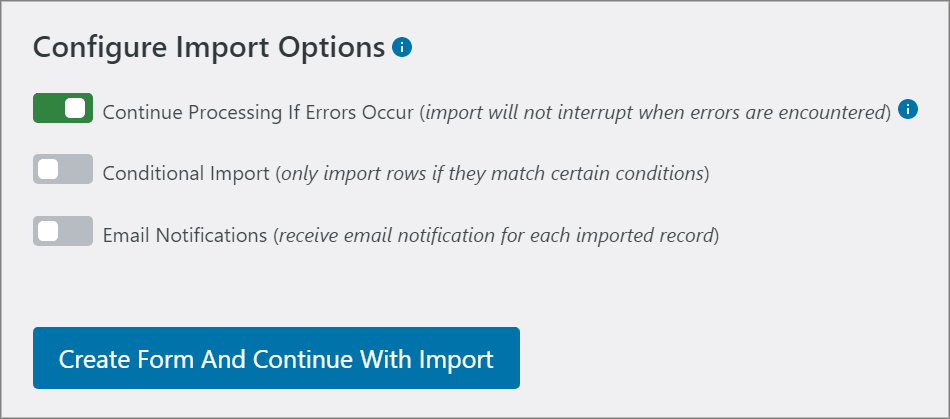 The Import Entries Import Options screen showing showing ways to customize your import
