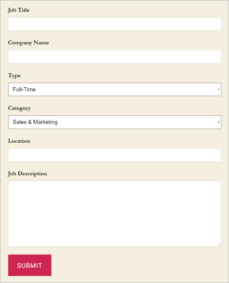 A Gravity Form on the front end with fields for Job title, Company name, Job Type, Category, Location and job Description