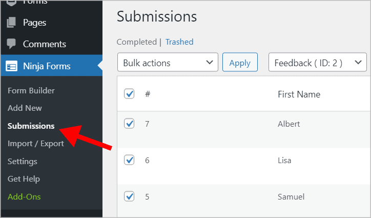 The Ninja Forms Submissions page in WordPress