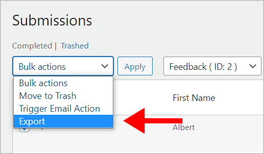 An arrow pointing to the 'Export' option in the 'Bulk actions' dropdown menu