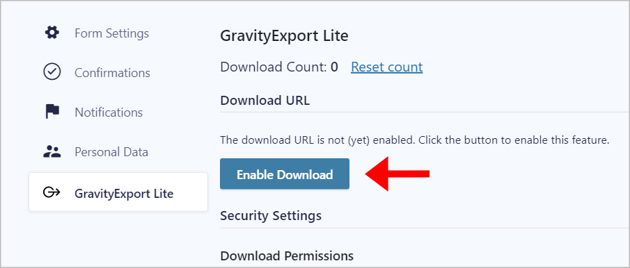 The Gravity Forms Form Settings page showing the "Entries in Excel" tab in the left