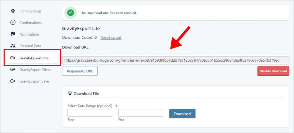 An arrow pointing to the download URL on the GravityExport Lite page