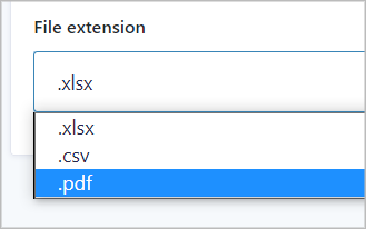 The File extension dropdown menu with three options - .xlsx, .csv, .pdf