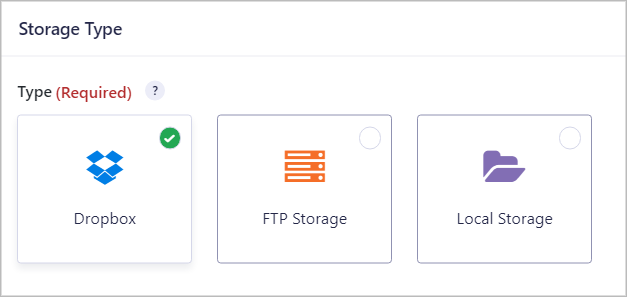Storage Type with three options - Dropbox, FTP Storage and Local Storage