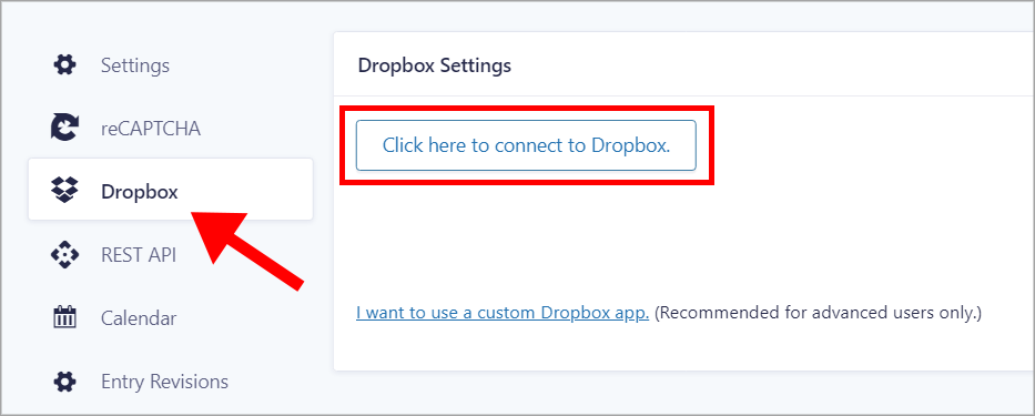 A button that says 'Click here to connect to Dropbox' on the Gravity Forms Dropbox settings page