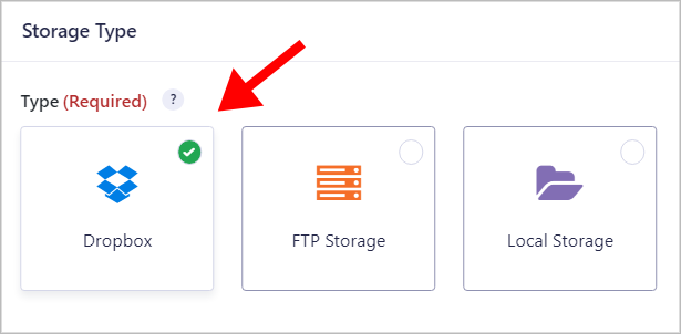 An arrow pointing to the Dropbox storage type
