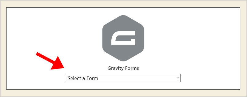 The Gravity Forms Gutenberg block with an arrow pointing to the 'Select a Form' dropdown.
