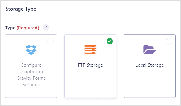 Selecting the FTP storage type for Gravity Forms FTP integration