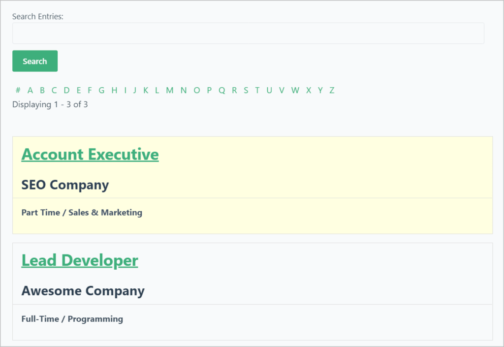 A job board created using the GravityView list layout