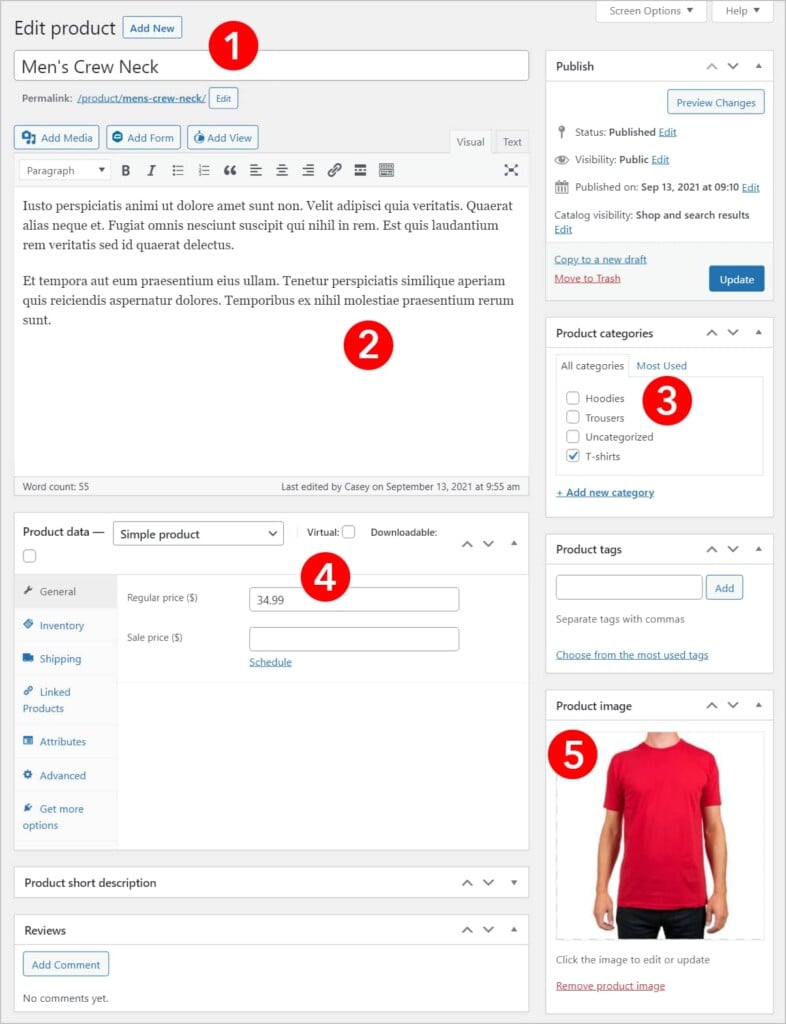 A WooCommerce product page in WordPress with number over the most important fields